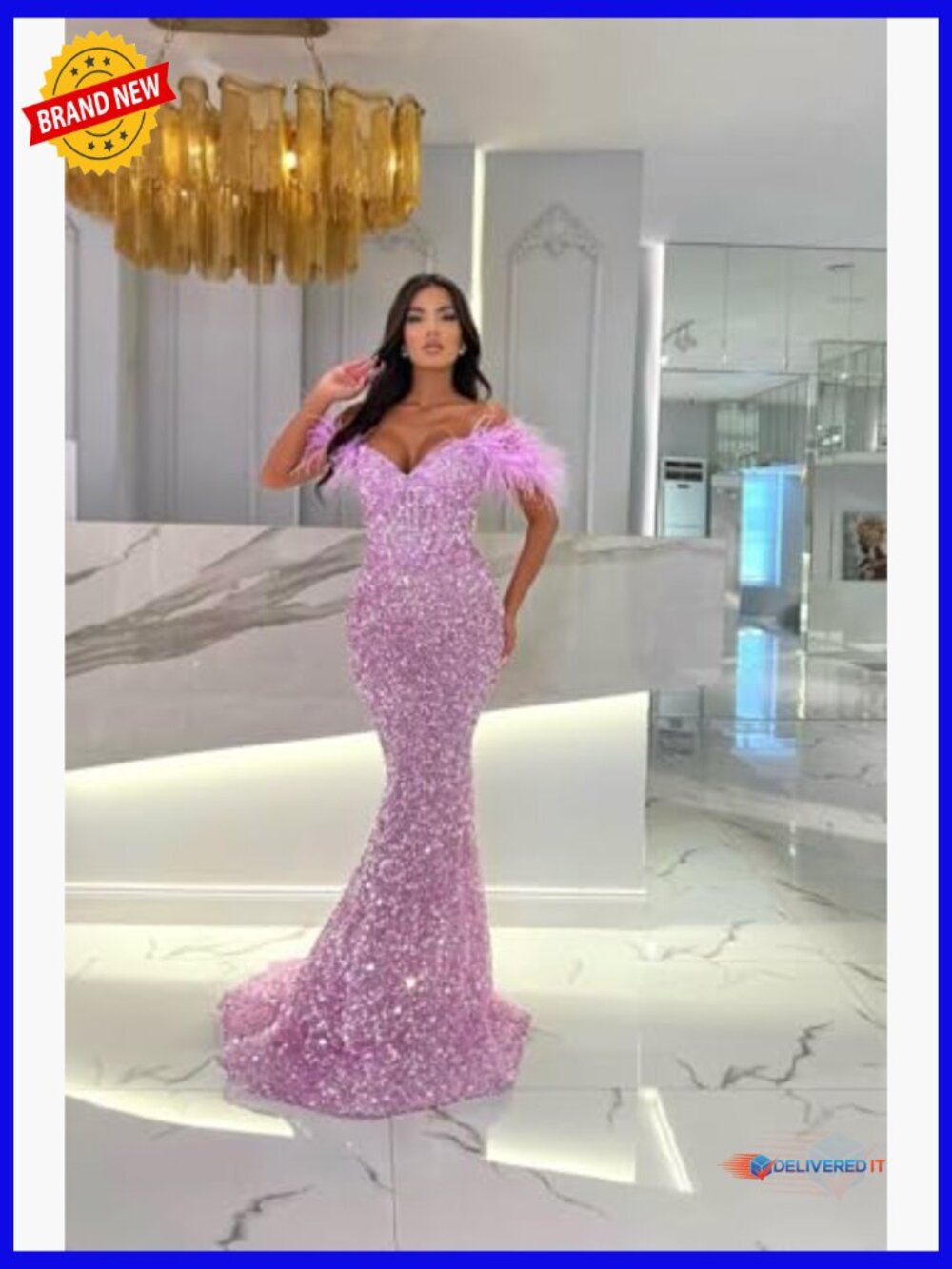 Off Shoulder Sweetheart Mermaid Prom Dress Long Sparkly Sequin Feather Formal - Picture 3 of 6